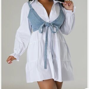 Women's Long Sleeve White and Blue Dress